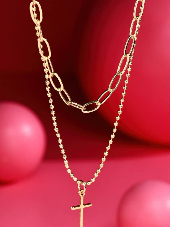Messing 2-laags halsketting met kruishanger en schakelketting voor wholesale door Urbanista