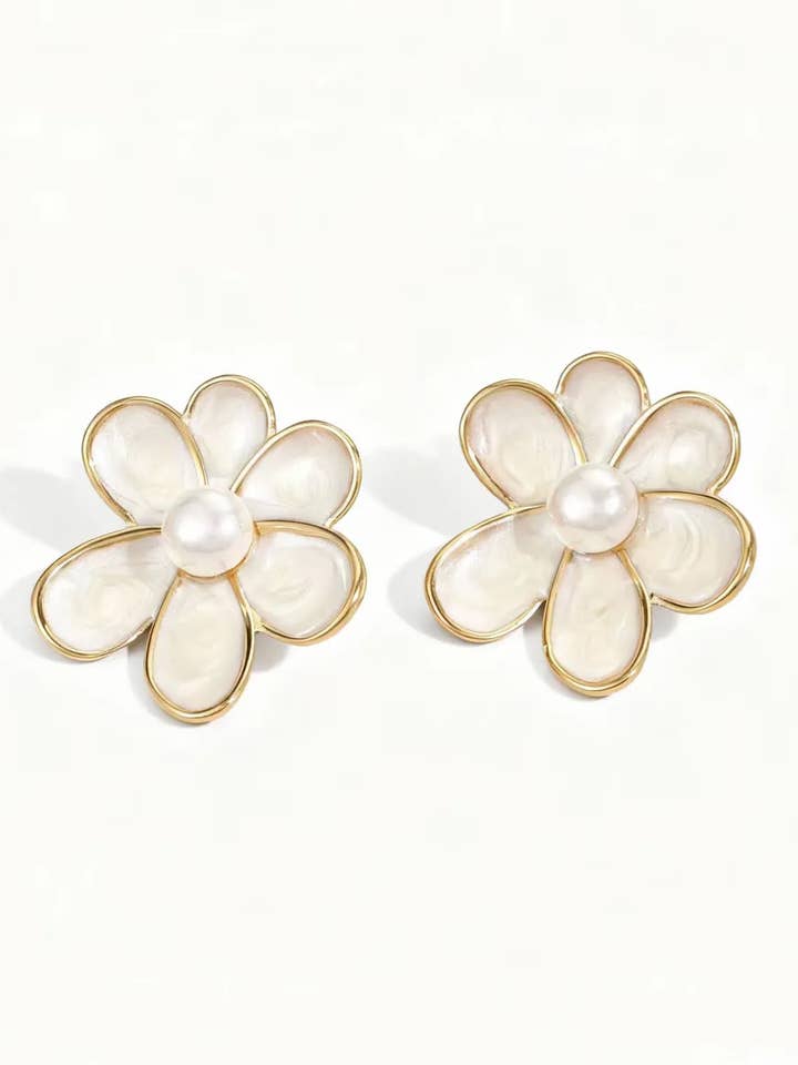 Bronte White Enamel Flower Stud Earring for wholesale by Greenwood Designs