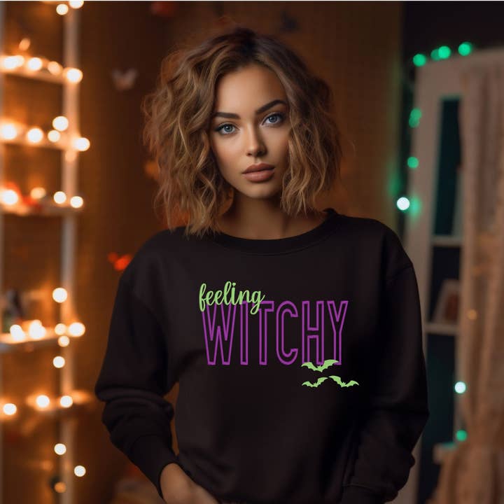 Feeling Witchy Puff Embroidery Halloween sweatshirt for wholesale by Grant Custom Creations LLC