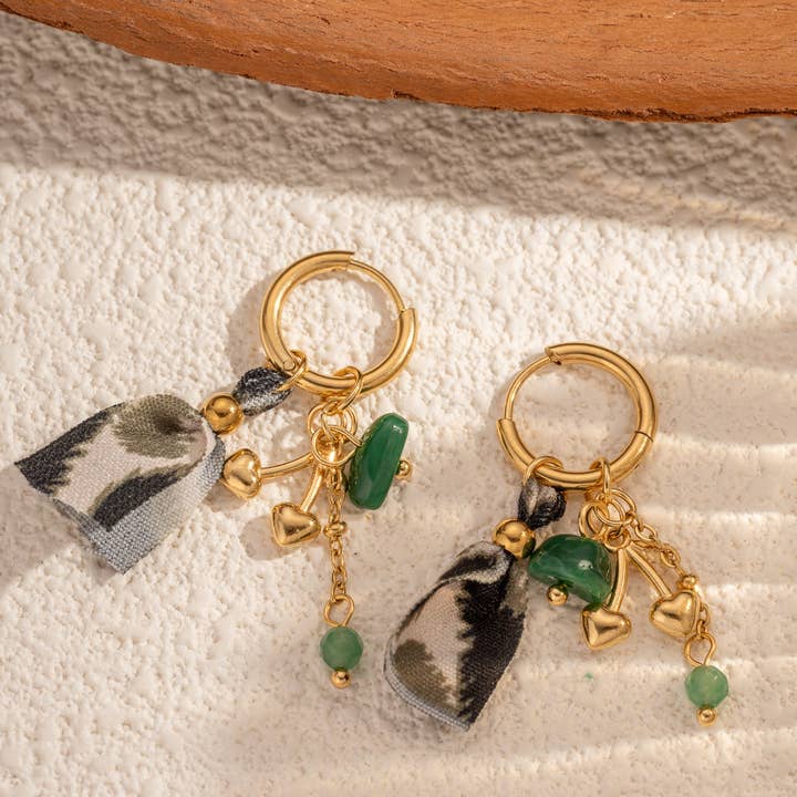 COSMOS - Wholesale Dangle Earrings - Golden stainless steel hoops with enamel cherry pendant