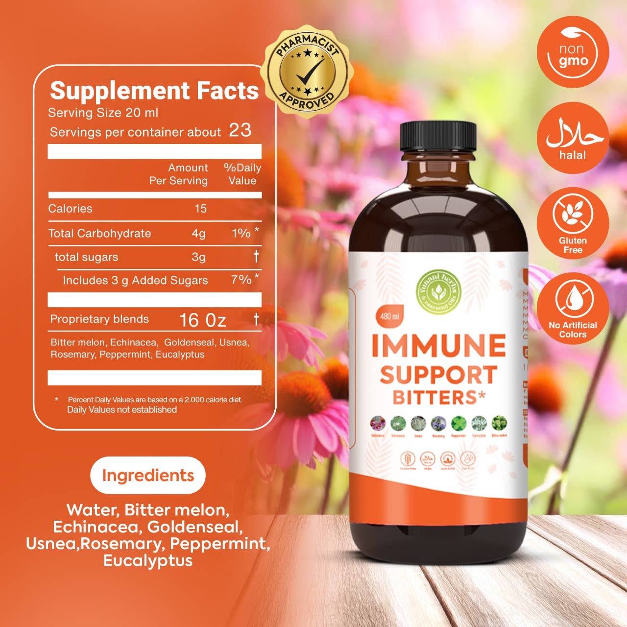 Yunani Herbs & essential Oils - Vente Supplément oral/vitamine - Immune Support Immunitaire Living Bitters 480 ml4