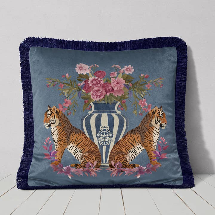 Tiger Twins Chinoiserie Luxury Velvet Cushion Pillow Cover for wholesale by FabFunky Ltd