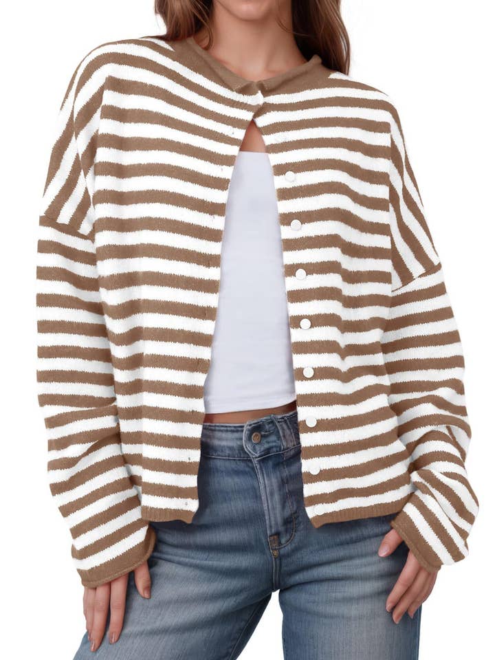 Suhkasana - Wholesale Cardigan - Women's - Striped Color Block Cardigan Sweater | Long Sleeve Casual Open Front5