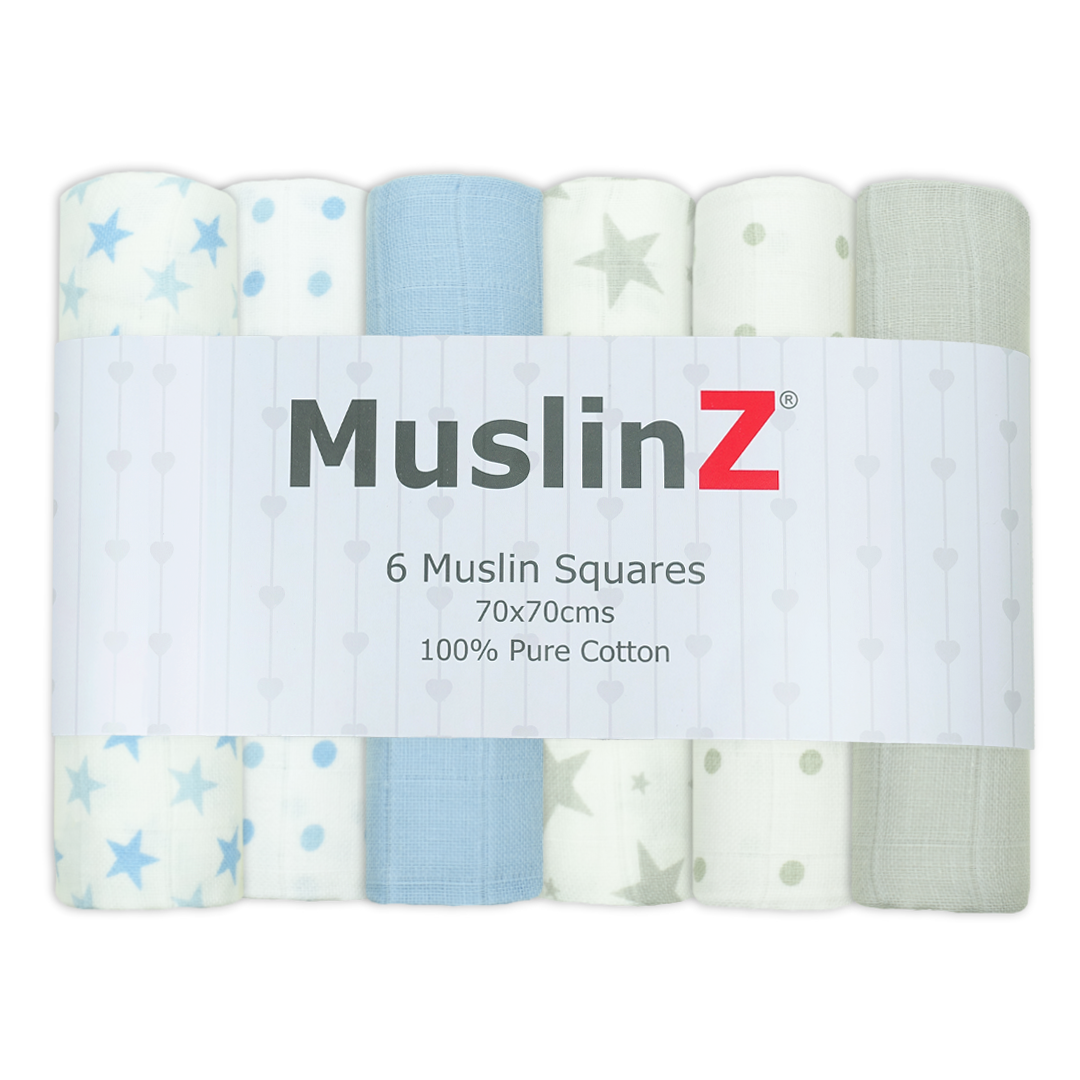 Muslinz - MerryGoRoundUK Ltd - Wholesale Spuuglapje - Baby - MuslinZ 6 stuks katoenen mousseline doeken - Sterrencombinatie10