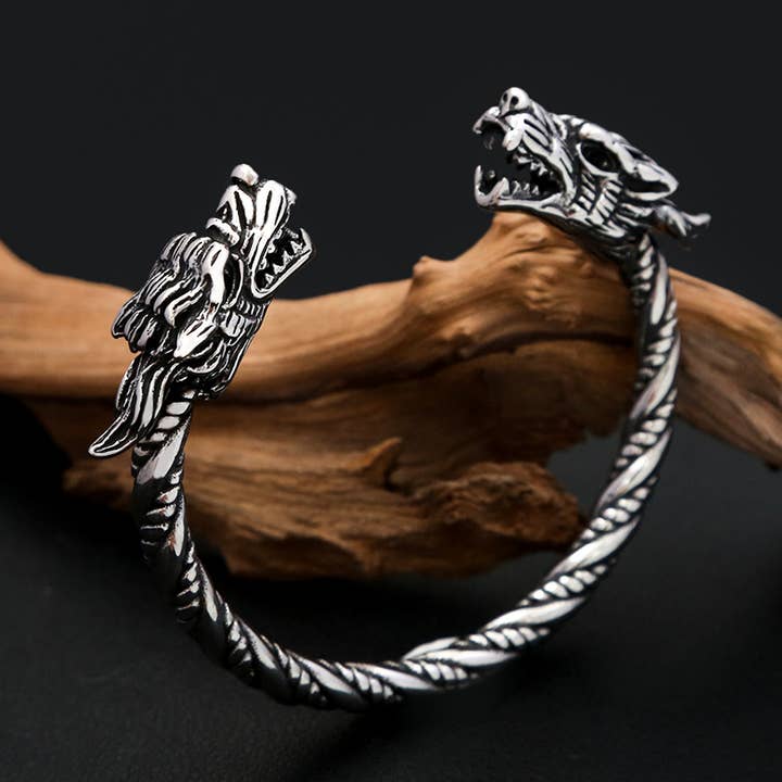 Gemcohub - Wholesale Cuff Bracelet - Viking Style Domineering Double Dragon Head Bracelet1