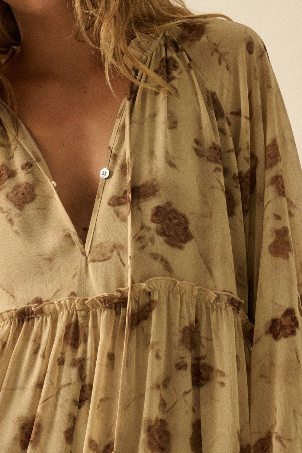 Sand Floral Chiffon Tiered Ruffle Midi Prairie Dress for wholesale on Faire4