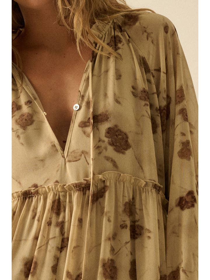 Sand Floral Chiffon Tiered Ruffle Midi Prairie Dress for wholesale on Faire4