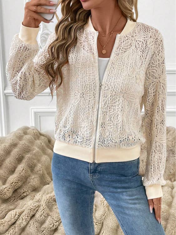 Elegant Lace Jacket Sheer Zip Up Lightweight Outerwear for wholesale by Rosa Clothing