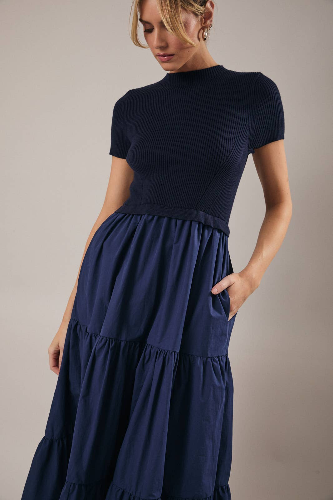 Sunday Edition by LE LIS - Wholesale Dress - Women's - MOCK NECK SHORT SLEEVE KNIT & WOVEN MIX TIERED MIDI DRESS17