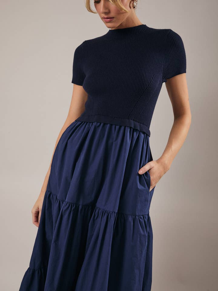 Sunday Edition by LE LIS - Wholesale Dress - Women's - MOCK NECK SHORT SLEEVE KNIT & WOVEN MIX TIERED MIDI DRESS17