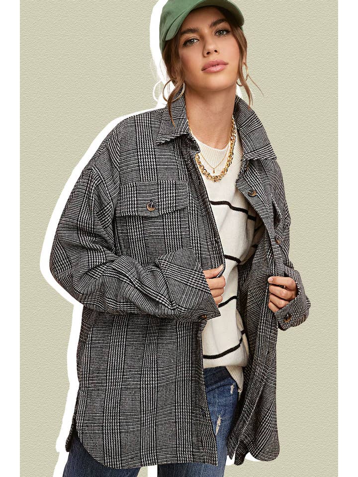 La Miel - Wholesale Shirt Jacket/Shacket - Women’s - JKT1801-Classic Button Down Plaid Shacket with Side Pockets10