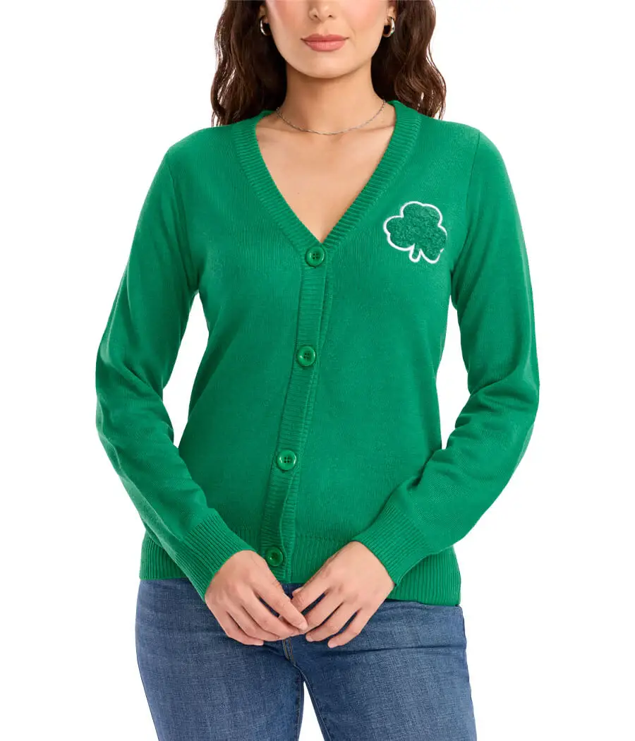 Tipsy Elves - Wholesale Cardigan - Women's - Clover Women's St. Patrick's Day Varsity Cardigan Sweater1
