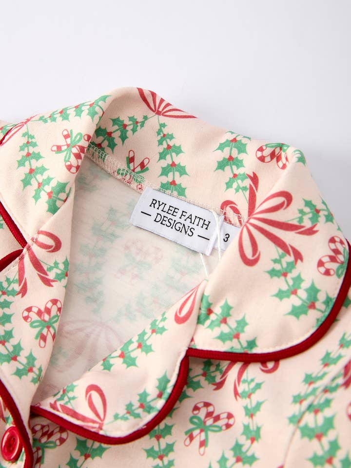 Rylee Faith Designs - Wholesale Sleepwear Set - Kids - Christmas Long Sleeve Pajama Set with Red Cuffs and Festive Pattern3