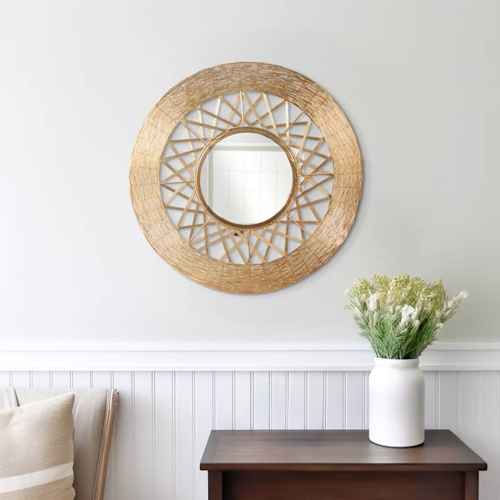 Metal Wood Round Woven Design Wall Mirror - Gold, 28 in. for wholesale by Sagebrook Home