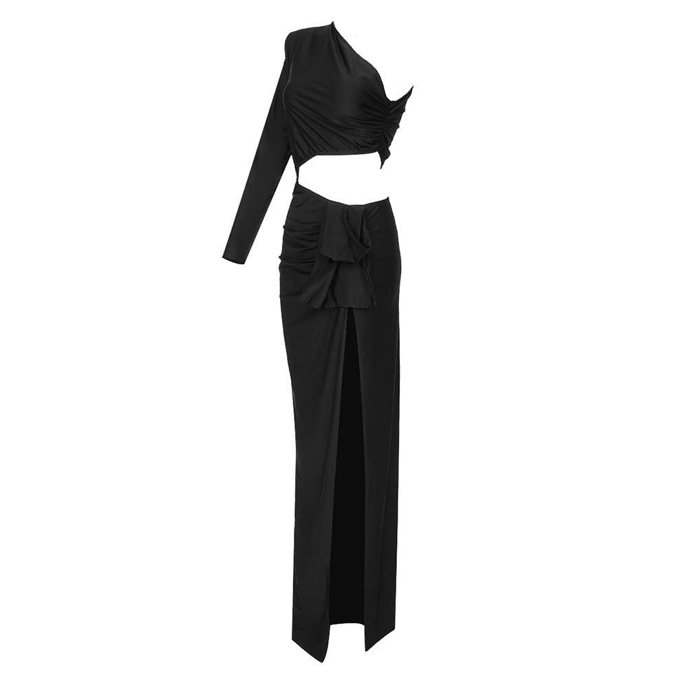 Noir Sanyao Fashion - Robe longue élégante fendue à épaule asymétrique en vente sur Faire13
