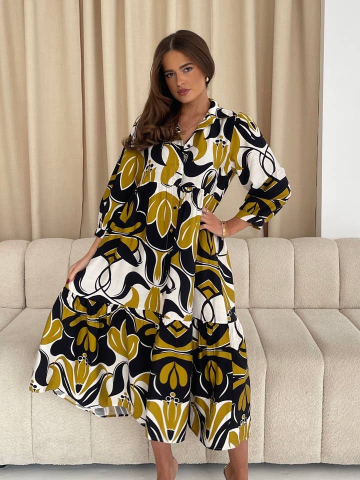 Emery 3/4 Sleeve Smock Maxi Shirt Dress Yellow for wholesale by Girl In Mind