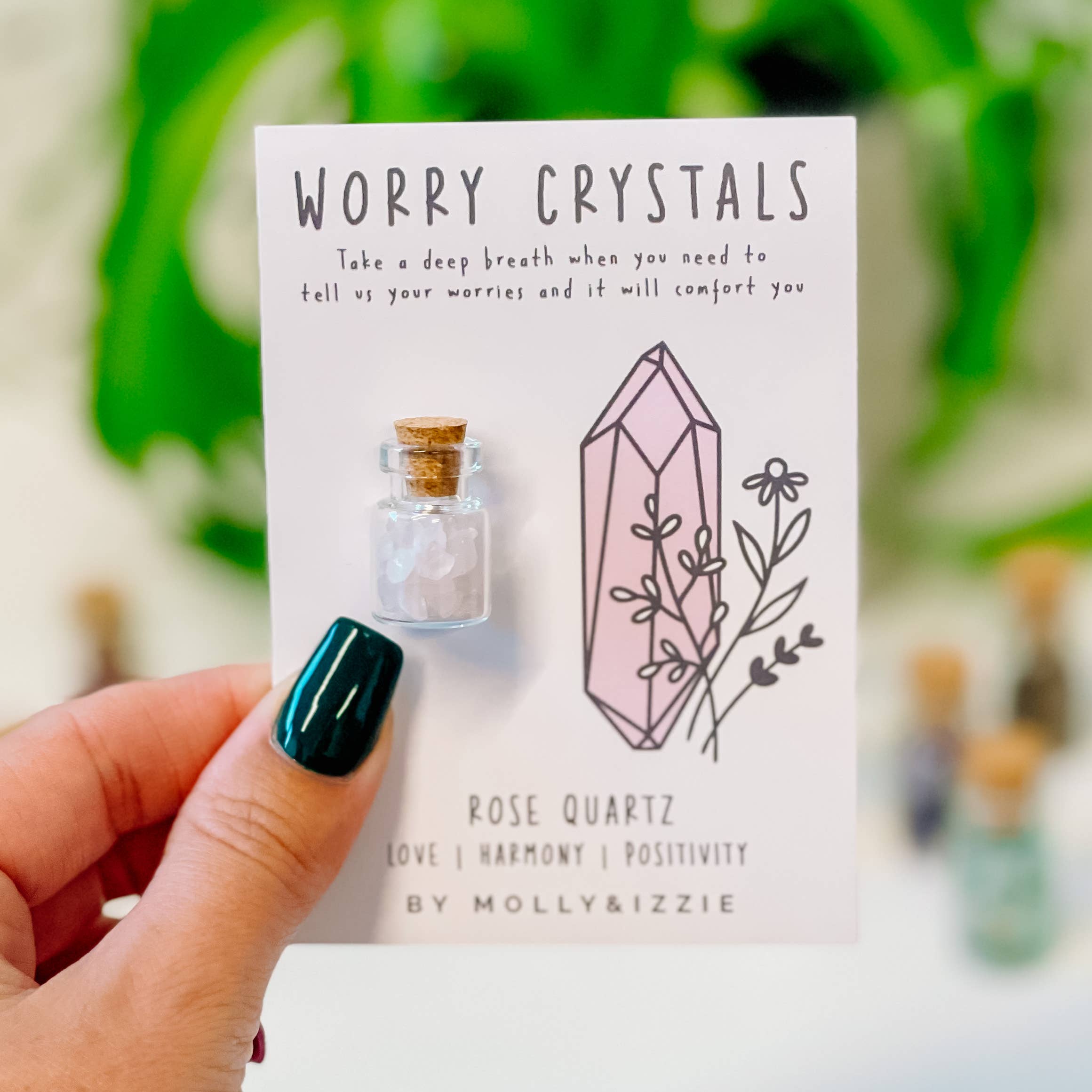 by Molly&Izzie – wholesale Spiritual stone/crystal – Rose Quartz Worry Crystals on Card1