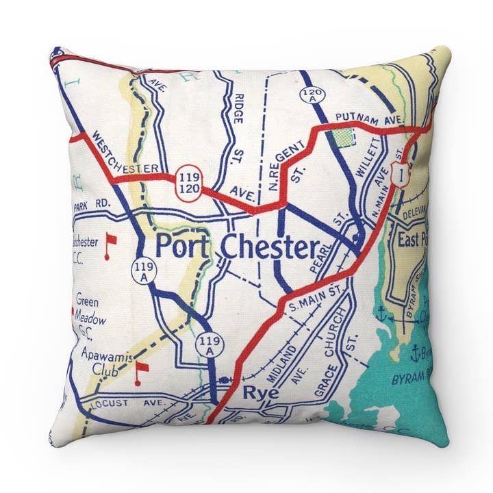 Coussin Carte de Port Chester New York – Coussin Carré 18" pour la vente par Daisy Mae Designs