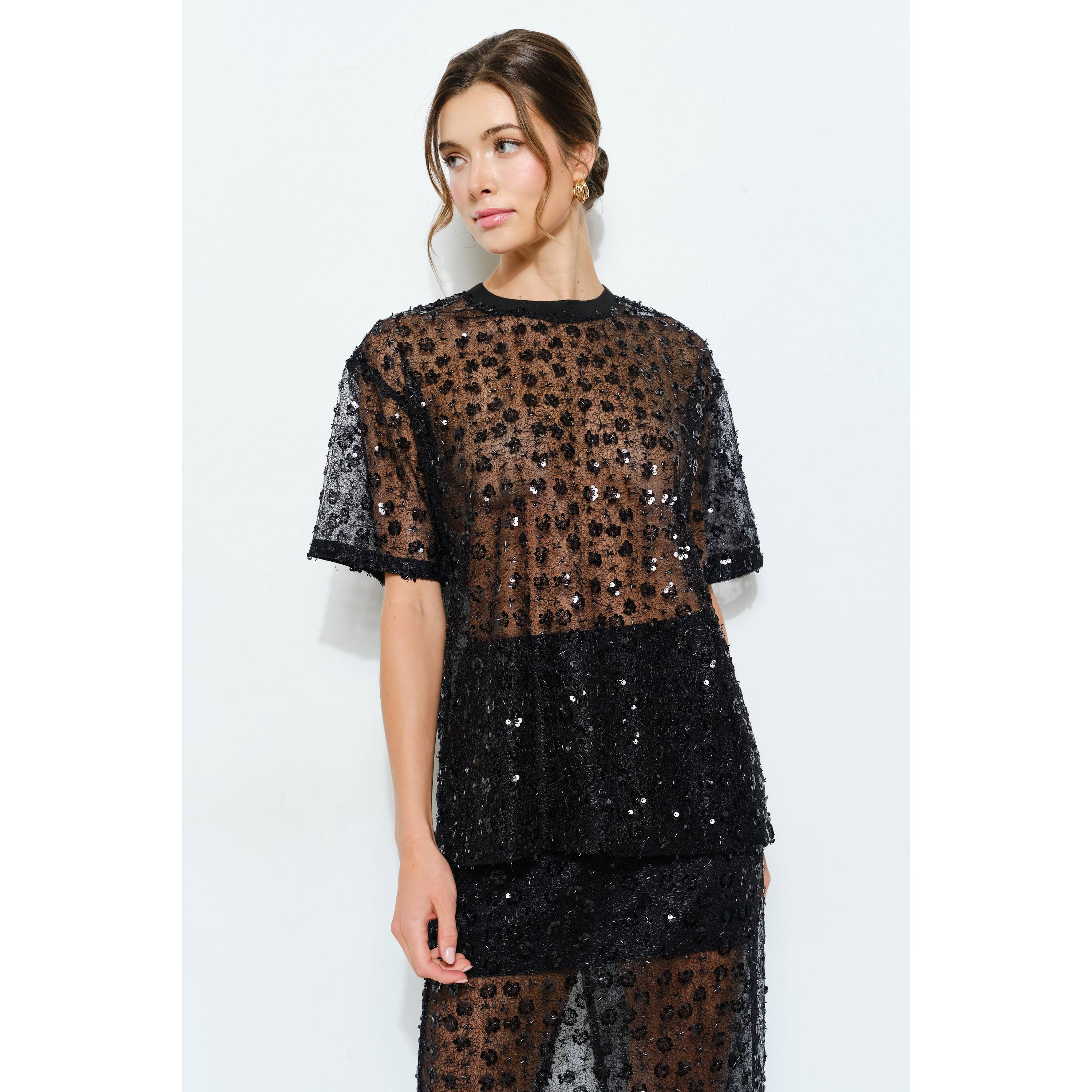 INA - Wholesale Blouse - Women's - Short Sleeve See-through Floral Sequin Top6