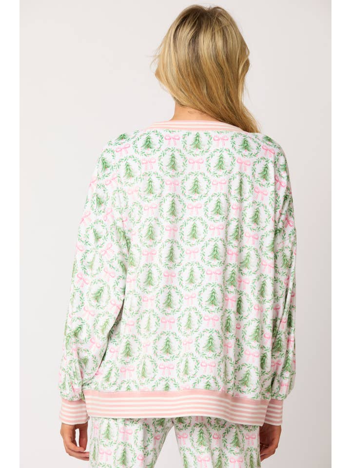 IVORY LT GREEN PINK Christmas Tree & Bow Prints Loungewear Top for wholesale on Faire