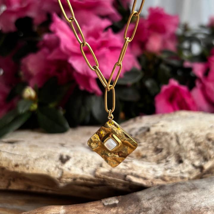 18ct Gold Plated Mother Of Pearl Square Pendant Necklace for wholesale by Ocean Ripples