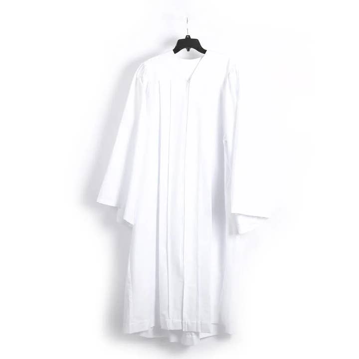 Baptismal Gown - Box Pleats - M White - Polyester for wholesale by Swanson Christian Products