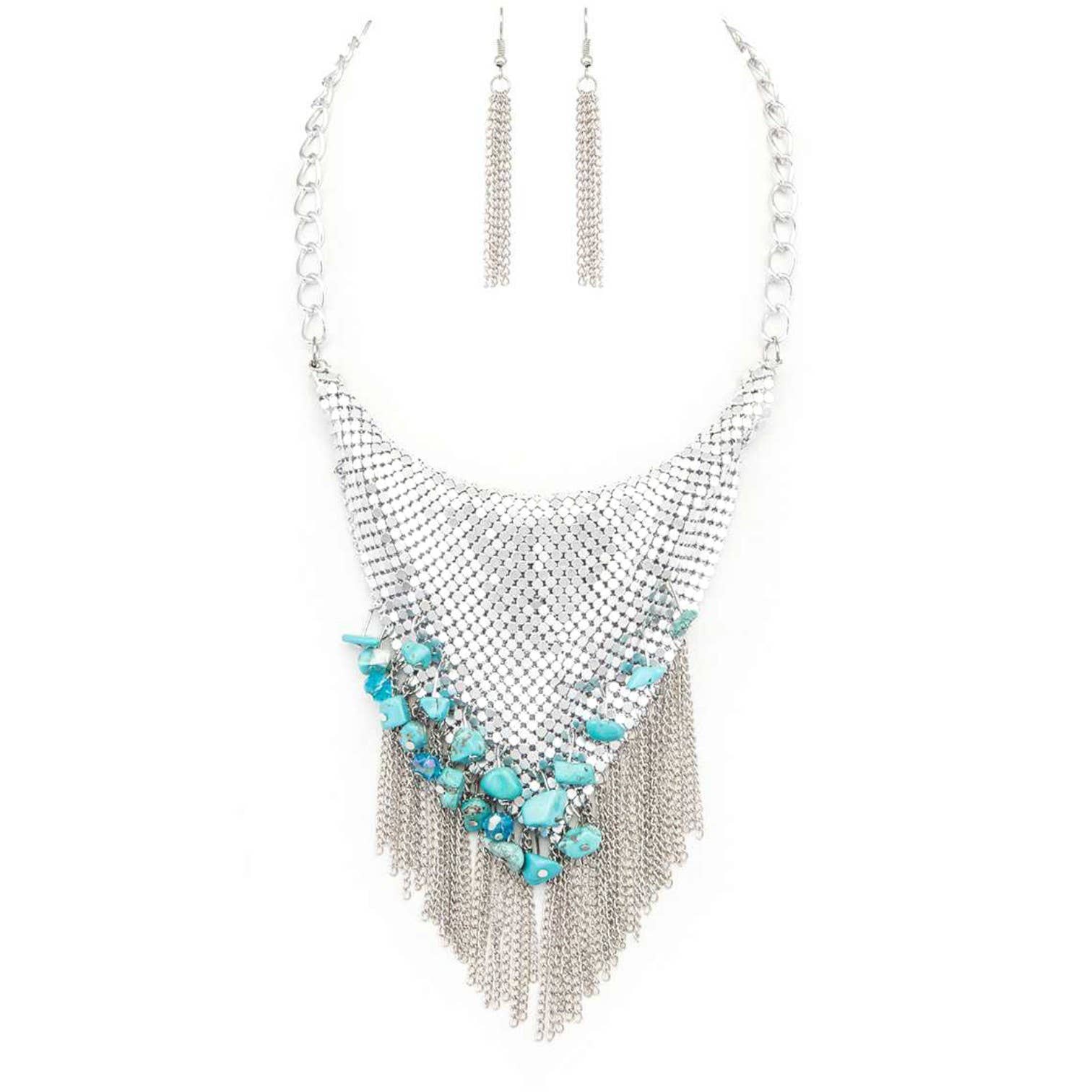 Rope & Spurs - Wholesale Jewelry Set - Chainmail Bib Stone Nuggets Fringe Chain Statement Necklace2