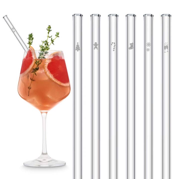 Christmas edition 6 x 20 cm glass straws with engraved motifs for wholesale by HALM Straws