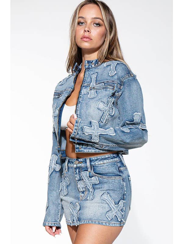Medium Wash Cross Patch Zip Up Denim Jean Moto Jacket for wholesale on Faire