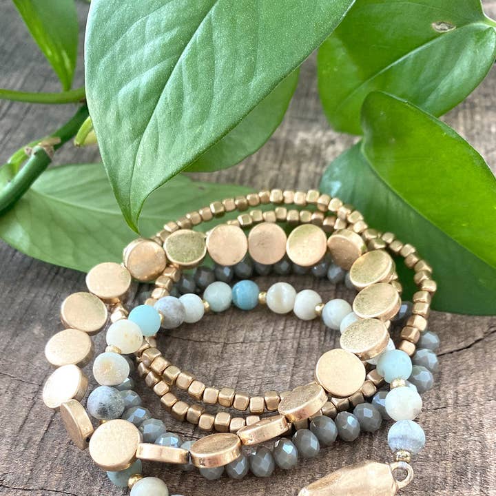 PennyLine inc - Wholesale Jewelry Set - 5 piece Boho Beaded Bracelets Stack Semi Precious Metal Glas