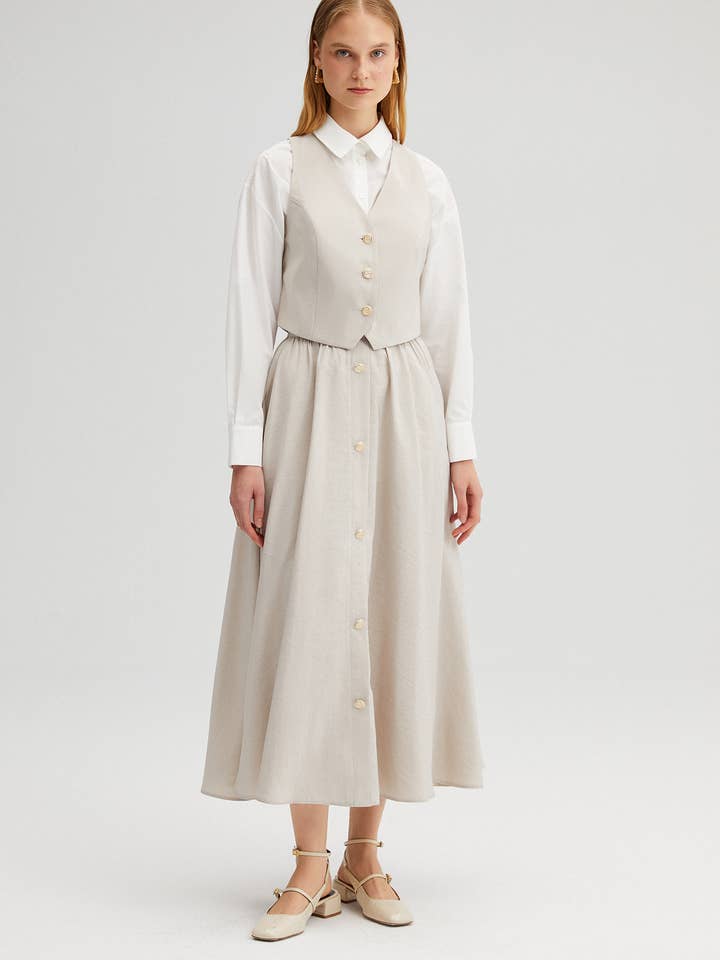 GOLD BUTTONED CUPRO-LOOK VEST & FLOWY MAXI SKIRT SET for wholesale by Touché Privé