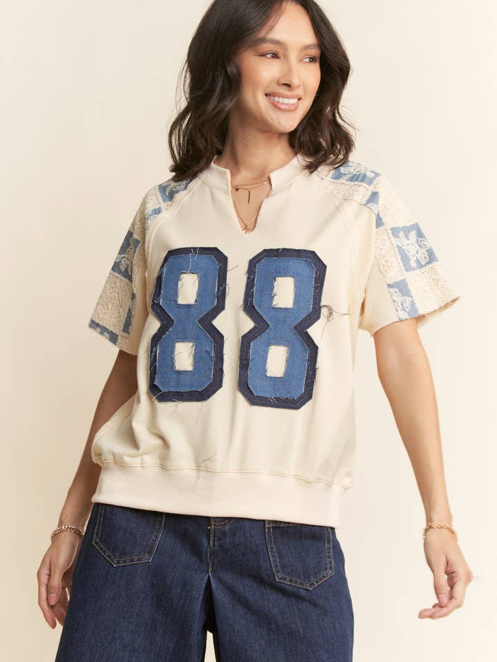 DENIM NUMBER PATCH FRONT CROCHET SWEATSHIRT TOP for wholesale on Faire