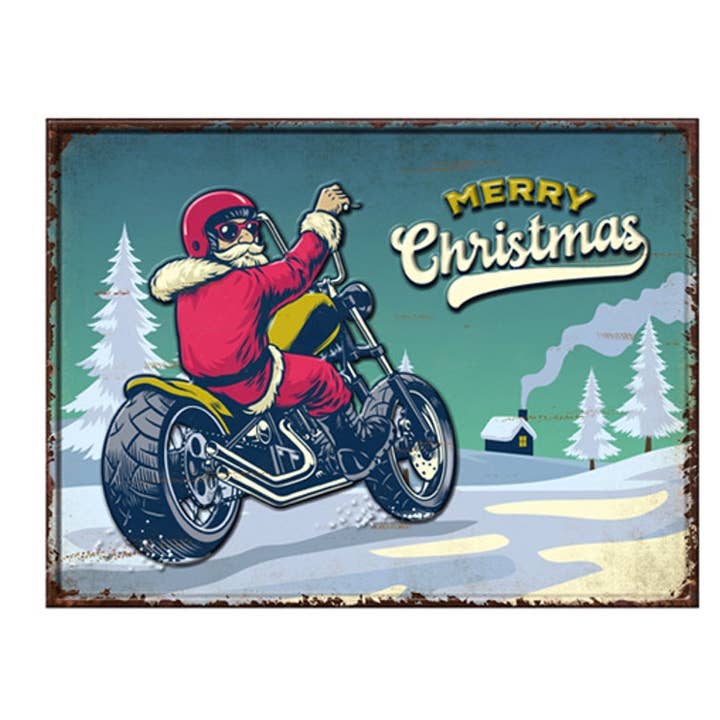 Santa Motorcykel Tilbage Præget Metal Sign for engroshandel hos inVintage