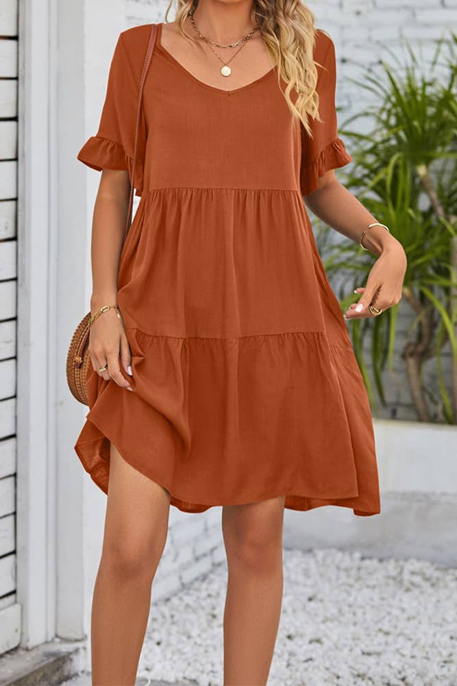 UNISHE - Vendita all'ingrosso Vestito - Donna - Abito A Balze Con Volant Con Scollo A V Semplice E Tasche MD03829