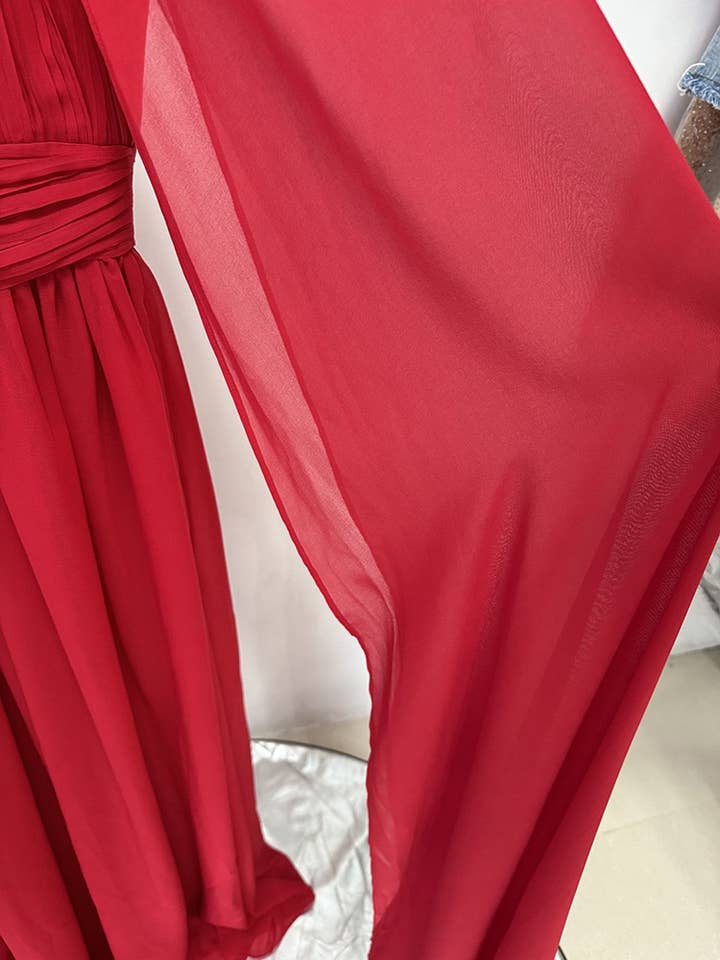 Red DR664Y Flowing Pleated Chiffon Maxi Dress with Cape Detail for wholesale on Faire6