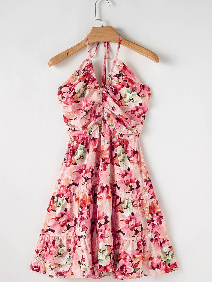 Pink Floral Sleeveless Halter Neck Shirred Back Ruffled Mini Dress for wholesale on Faire