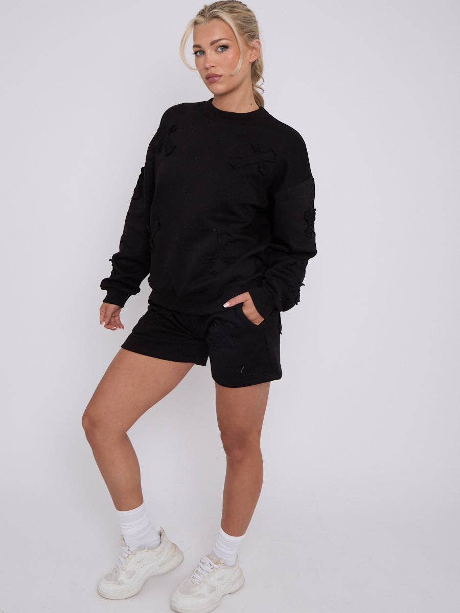 AX Labels - Wholesale Lounge Set - Women's - Crucifix Embroidered Sweatshirt & Shorts Fleece Co-ord4