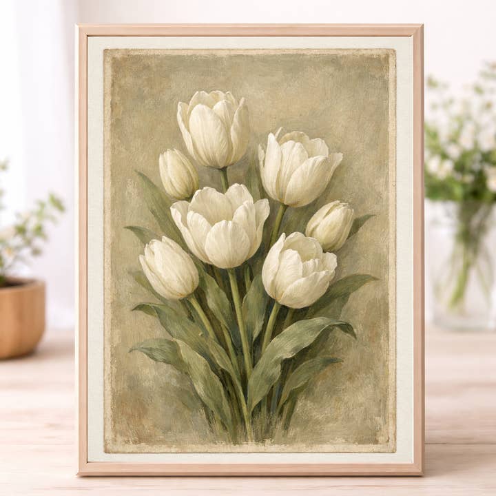 Vintage White Tulip Wall Art – Neutral Floral Botanical Print with Soft Beige Background Spring Home Decor for wholesale by WinsterCreations™
