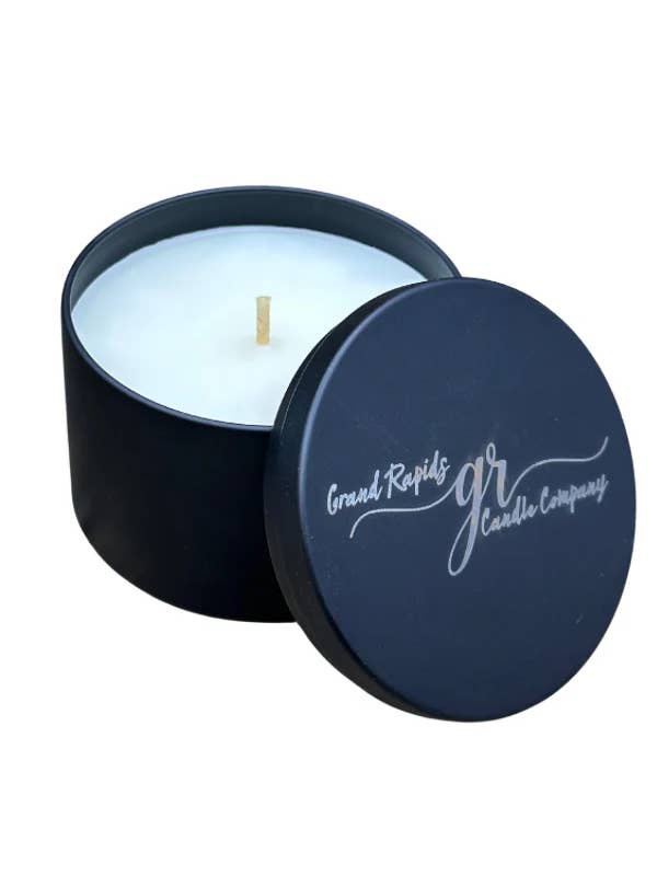 Black Tin 8 oz soy blend Travel candle for wholesale by Grand Rapids Candle Company