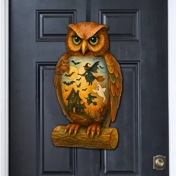 Designocracy - Wholesale Door Hanger - Halloween Owl Door Hanger – Handcrafted Wooden Door Décor by G. DeBrekht – 8652836H1