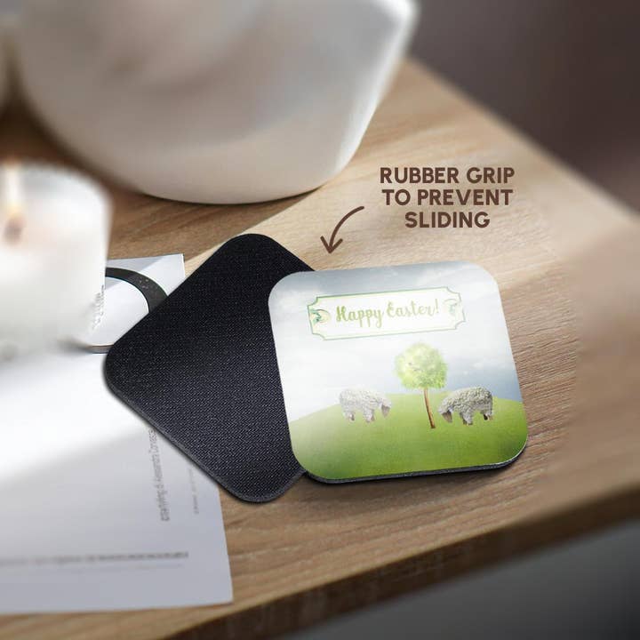 3dRose - Wholesale Coasters - 3dRose, Sheep Eating Grass, Tree with Bird, Happy Easter on Button Tag, Coaster10