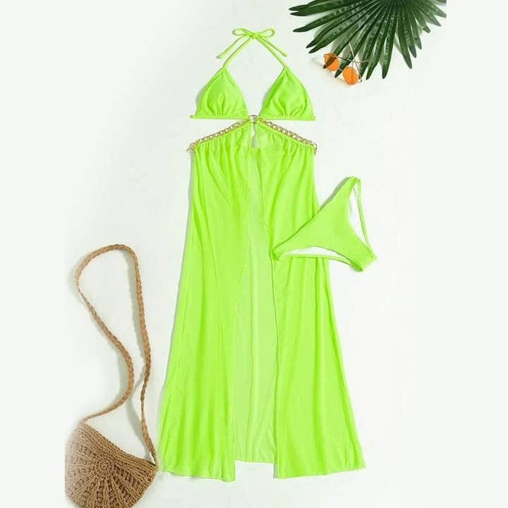 Ekartini - Wholesale Two Piece Swimsuit - Women's - Solid Color Halterneck Backless Bandage Metal Chain Patchwork Chest Padd Hollow Dress And Briefs Two Pieces Tankini Swimsuit3