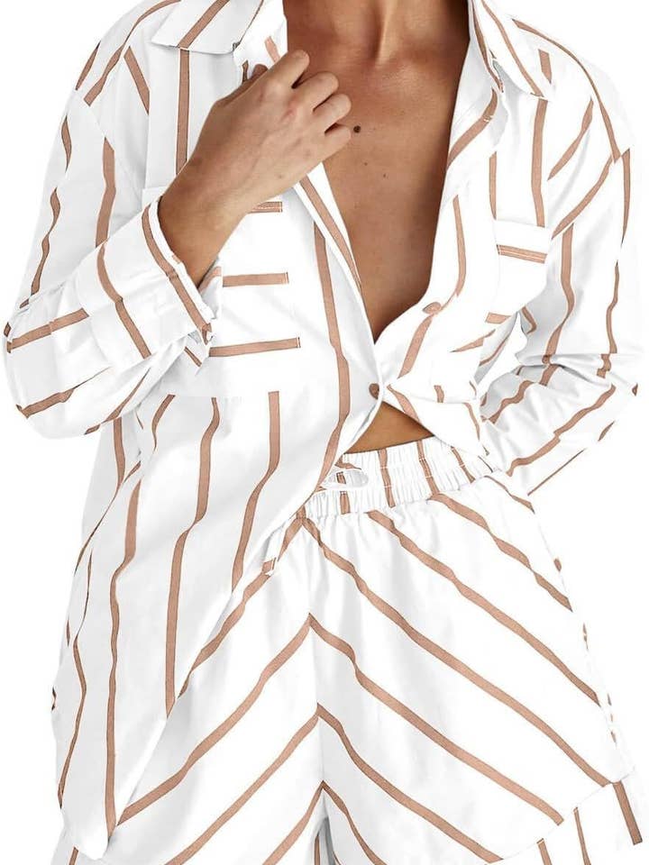 HIDDENBRAND - Wholesale Top & Short Set (NOT Loungewear) - Women's - Smart Casual Striped Contrasting Shirt Shorts Set