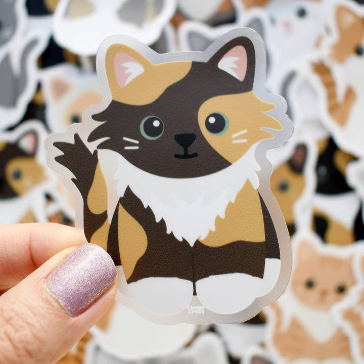 Looks Like My Cat! Long-haired dark calico cat sticker for wholesale by Chester and Pearl