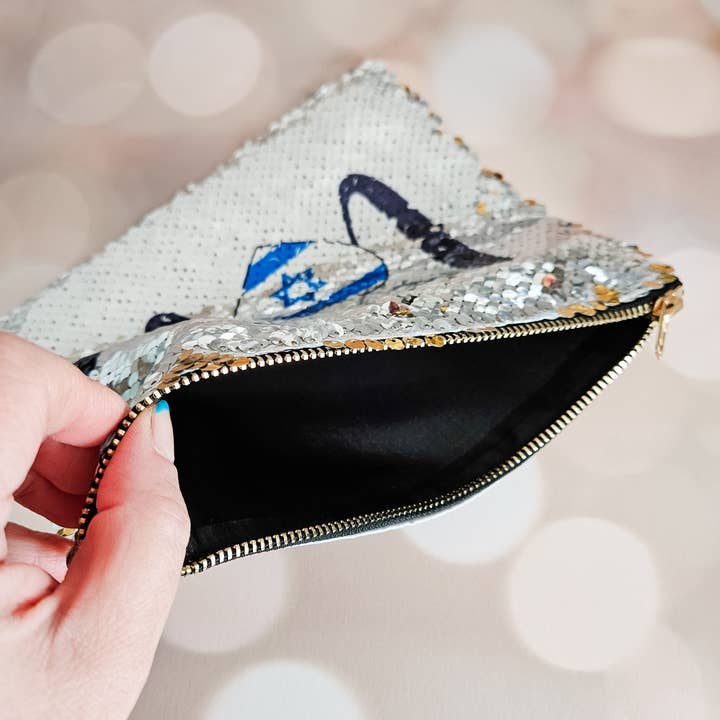 Salt and Sparkle - Wholesale Pouch - Women's - Shalom Israel Heart Flag Sequined Pouch