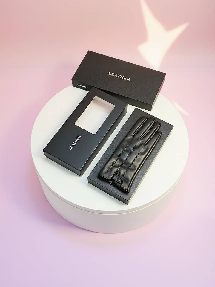 Black Leather Button Gloves With Gift Box for wholesale by Arya Jewellery Wholesale