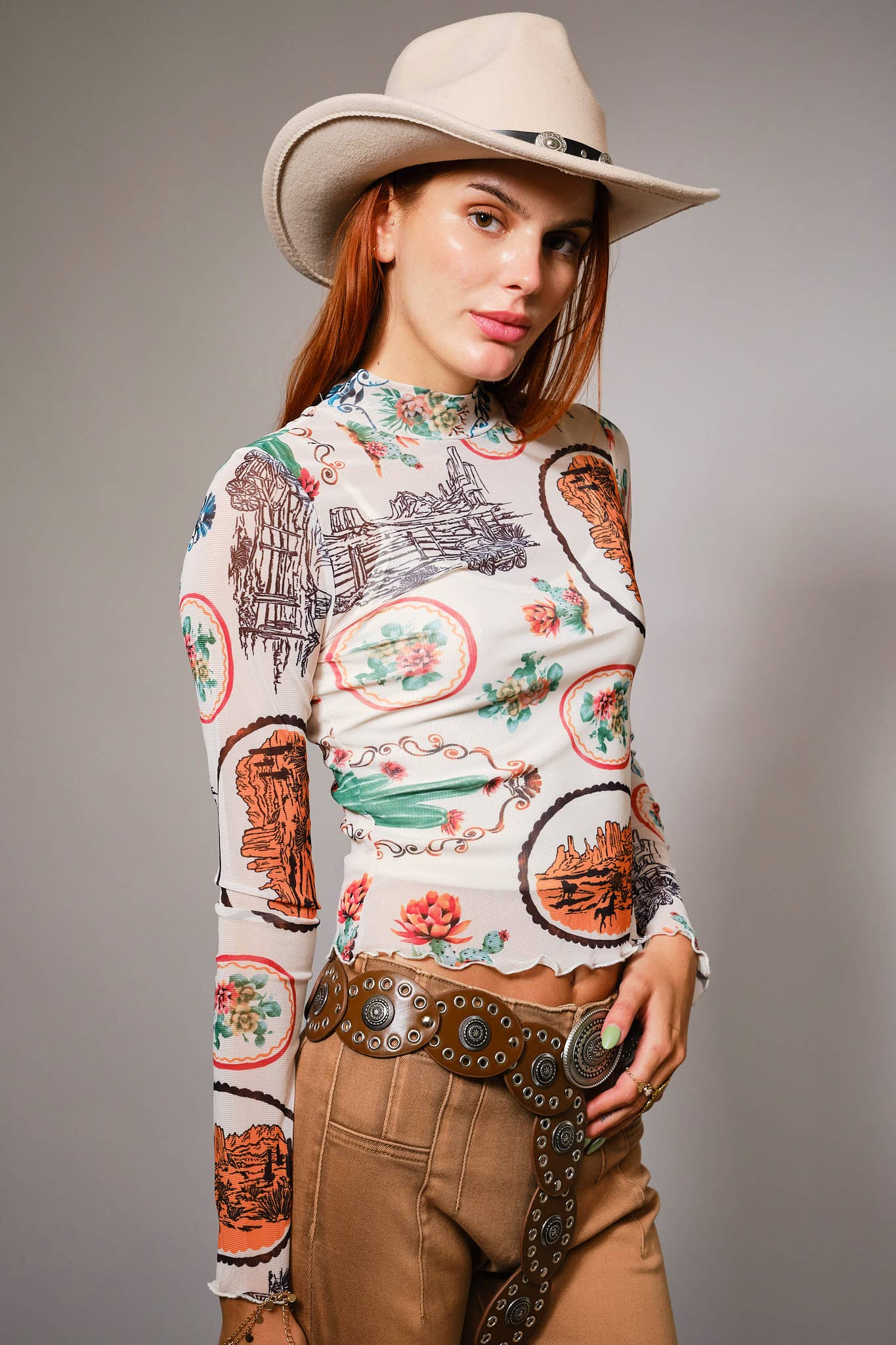 MULTI 33147T Western Motif Mesh Mock Neck Top for wholesale on Faire6