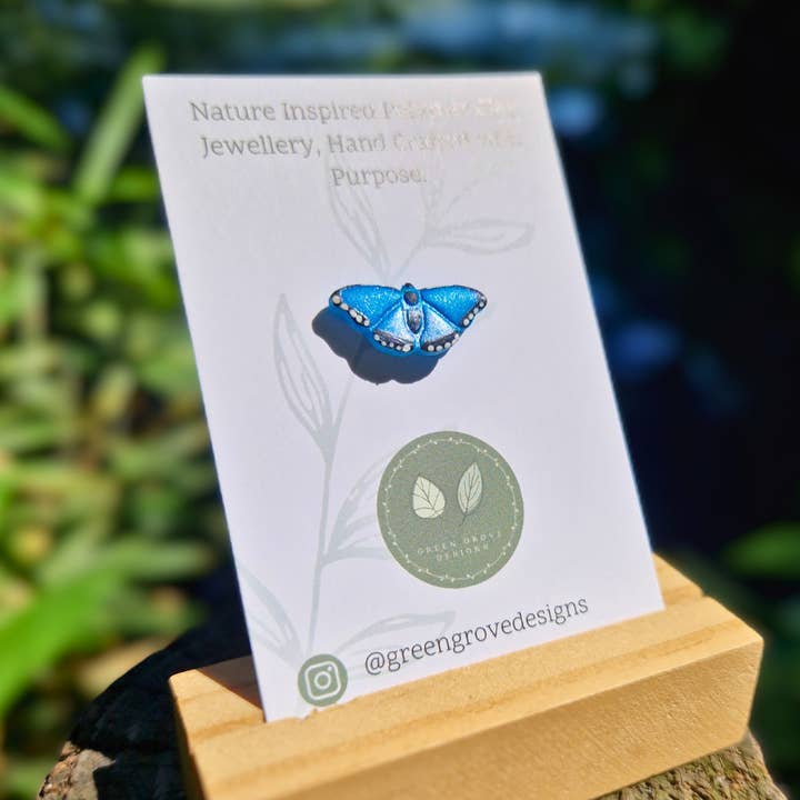 Handmade Blue Morpho Butterfly Polymer Clay Pin Brooch for wholesale by Green Grove Designs