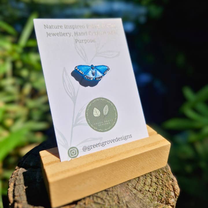 Handmade Blue Morpho Butterfly Polymer Clay Pin Brooch for wholesale by Green Grove Designs