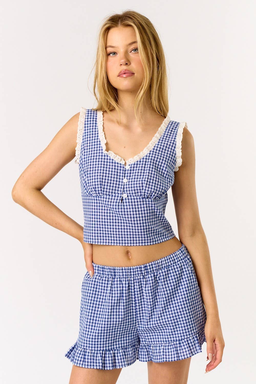 Blue Blush - Wholesale Blouse - Women's - Gingham Lace Crop Top0